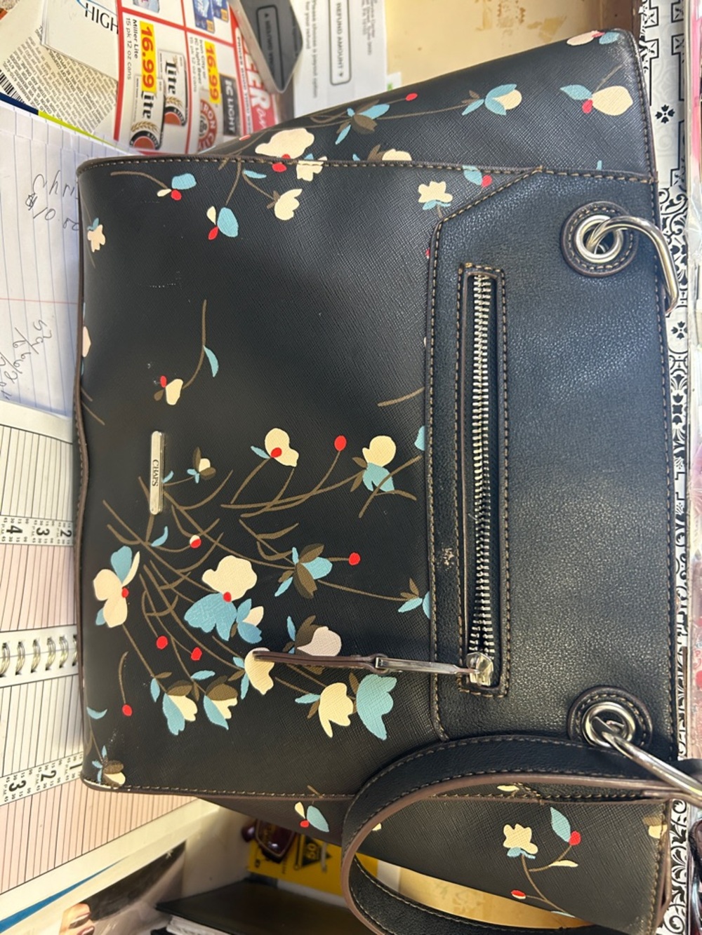 Chaps Black Floral Tote with Cream, Blue & Red Accents